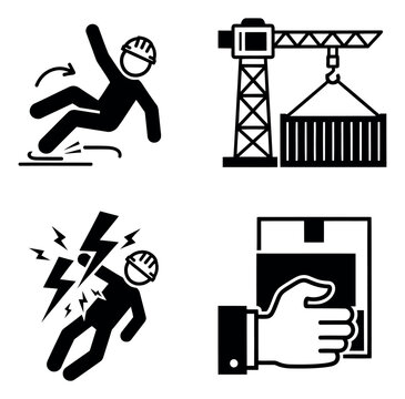Solid pictogram safety icon set featuring worker slipping, electrical shock, crane lifting cargo, and hand holding a package for workplace and industrial safety