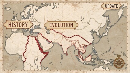 Vintage world map illustrating the concept of evolution