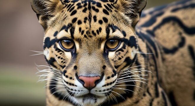 Intense close up portrait captures the striking features of a clouded leopard face