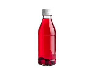 Clear bottle with red liquid and whole berries at the bottom