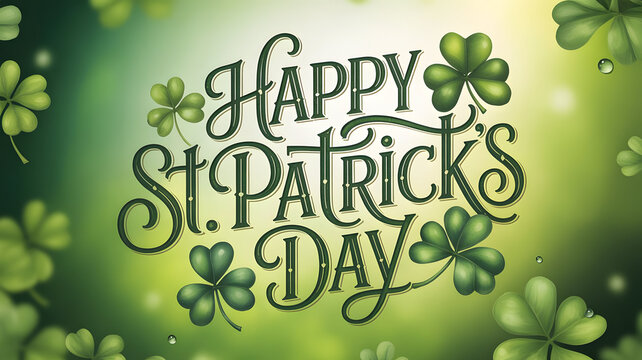 Glowing Happy St. Patrick's Day Typography Design with Vibrant Green Clovers and Soft Bokeh Lighting for Irish Holiday Celebrations and Seasonal Marketing