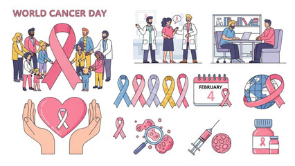 World cancer day illustration set with awareness ribbons and medical