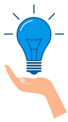 A simple illustration shows a glowing blue lightbulb held by a person's open hand on a bright white background