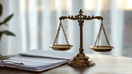 Legal scales on desk with documents, focus on balance