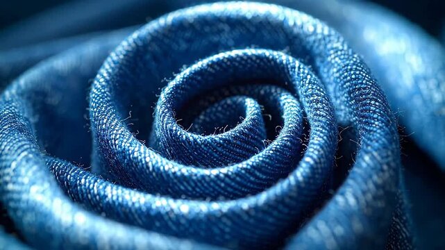 Close-up of a denim fabric folded into a spiral shape, creating a textured pattern.
