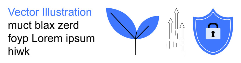 Online security, eco-friendly growth, technology progress, digital protection, environmental care, innovation. A shield with a lock, a leaf and upward arrows. Online security and eco-friendly growth