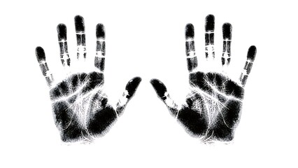 Black ink handprints isolated on white background with grunge texture
