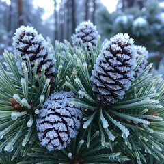 Several pine cones are heavily coated with glittering frost on evergreen needles
