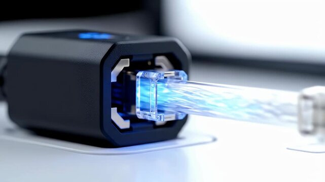 Closeup of a black USB C cable plugged into a charger with blue light