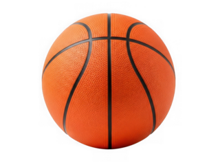 Closeup studio shot of a single orange basketball with black lines, isolated on transparent background
