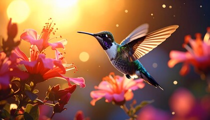 A hummingbird hovers near pink flowers against a sunlit background