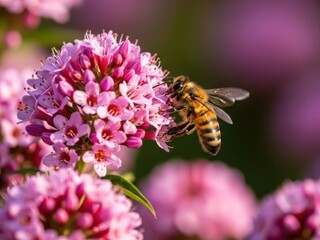 Bee collecting nectar from pink flower