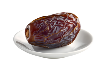 Single date fruit on white plate for Ramadan iftar, isolated on transparent background