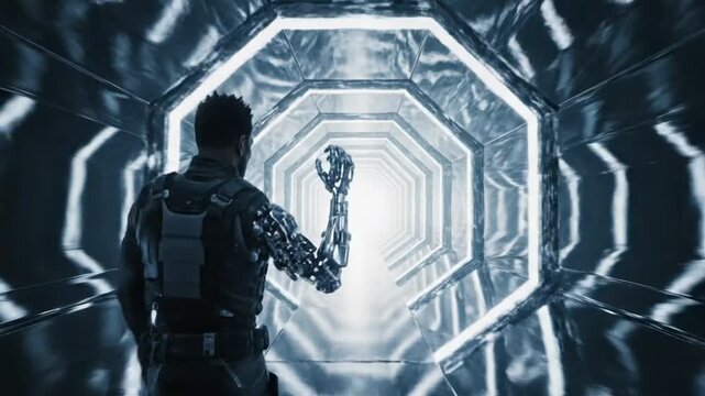 Man with Bionic Arm Enters Futuristic Octagon Tunnel