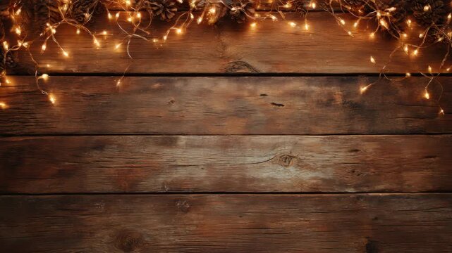 Warm glowing string light with pine cone on rustic wood background, warm light and festive decoration for cozy atmosphere holiday decor