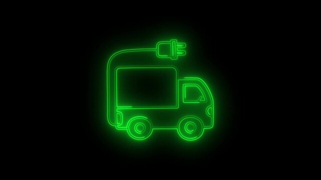 Neon Electric car animated line icon. Abstract neon green car icon animation on black background. 4K video