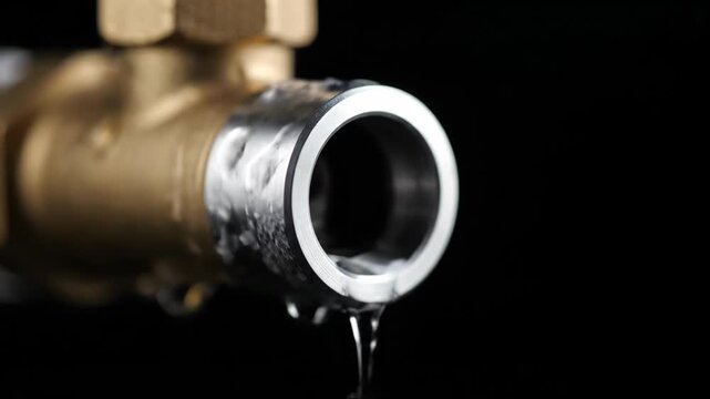 Close-up of a dripping brass pipe with water droplets against a black background.