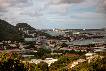 Maho Beach, Sint Maarten - January 1, 2026: The inner harbour in the dutch side of St. Maarten, a famous destination for sunbathing, swimming, and plane spotting.
