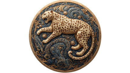 Ornate golden leopard relief sculpture intricately detailed within a circular medallion featuring elaborate baroque blue and bronze swirling ornamentation symbolizing power and nobility.