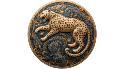 Ornate golden leopard relief sculpture intricately detailed within a circular medallion featuring elaborate baroque blue and bronze swirling ornamentation symbolizing power and nobility.