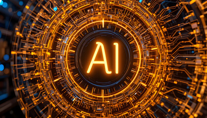 The letters 'AI' glow intensely in red at the center of a complex, circular circuit board pattern, signifying the emergence and power of artificial intelligence within advanced technological systems.