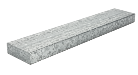 A single galvanized steel flat bar with a speckled metallic texture isolated on a transparent studio background. Concept of industrial manufacturing