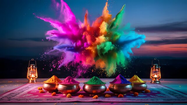 Vibrant holi celebration with colorful powder explosion and traditional lanterns at twilight. Colorful Holi Background.