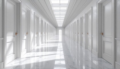 Long, white corridor with many doors, illuminated by a skylight, creating a bright perspective