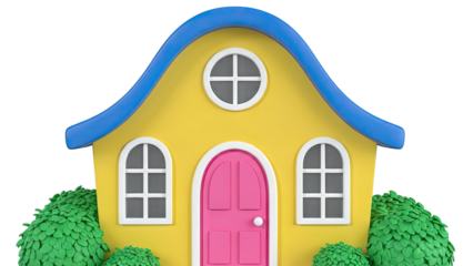 Cartoon yellow house with blue roof and pink door