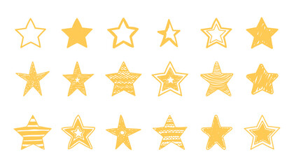 Fototapeta premium Yellow hand drawn stars with different shapes, outlines, and textured fills