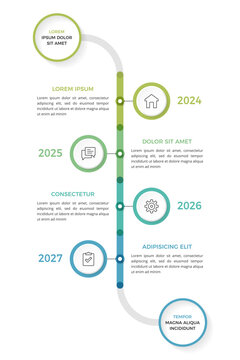 Vertical timeline infographic template with four milestones showing showing progression through four years with icons and text sections
