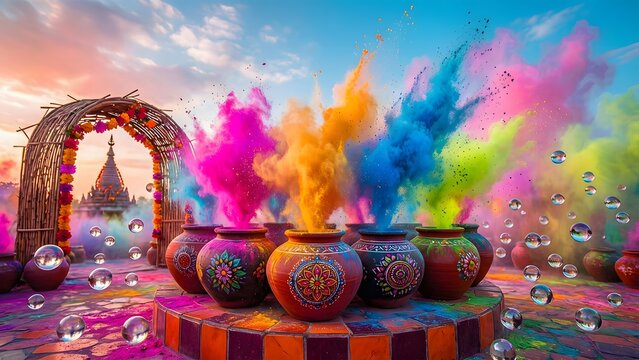 Vibrant holi celebration with exploding colors from traditional pots and an ancient temple backdrop. Happy Holi Background.