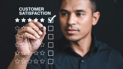 Business Professional Completing Customer Satisfaction Survey with Top High Rating and Checkmark Icon