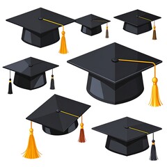 Assortment of graduation mortarboards, shown in various angles and sizes, each adorned with a tassel. Depicted on a white background
