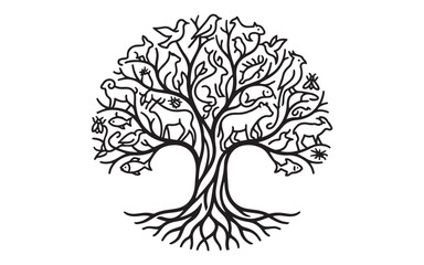 Fototapeta premium Stunning tree of life with animals and birds in elegant black line art