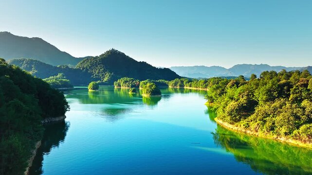 Aerial view of the beautiful lake and green islands with mountain natural landscape in the morning. Famous Qiandao Lake scenery in Hangzhou.