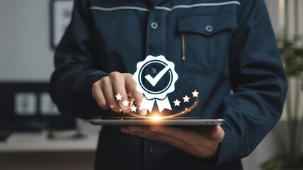 Professional Using Tablet to Verify Quality Certification and Excellence Standard with Glowing Award Badge