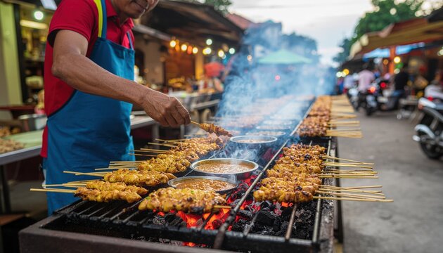 Street food vendor grilling numerous chicken satay skewers over charcoal at a bustling outdoor market.