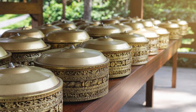 Rows of traditional ornate brass Indonesian gamelan musical instruments, possibly bonang, displayed on a wooden table in a cultural setting.