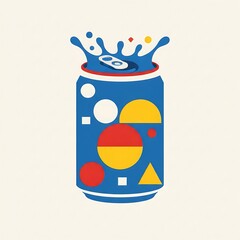 Bauhaus-style advertising poster. A soda can reduced to its primary geometric shapes. A splash of blue liquid made of circles, squares, and triangles. Primary colors (Blue, Red, Yellow). 