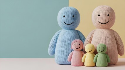 Soft knitted family figures on a color background with copy space, warm healthcare illustration for family medicine clinics, insurance services, preventive wellness programs