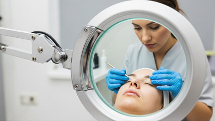 Therapist gently brushing dry mask off clients face under bright magnifying lamp, in modern spa setting with soft lighting and neutral background