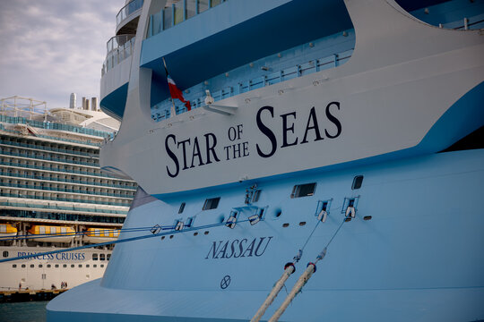 Maho Beach, Sint Maarten - January 1, 2026: The Star of the Seas cruise ship docked in St. Maarten, a famous destination for sunbathing, swimming, and plane spotting.
