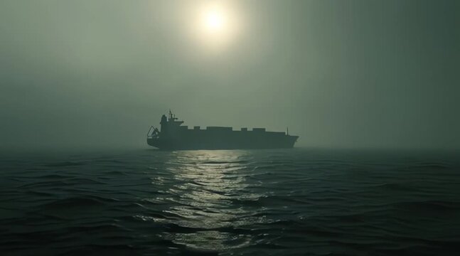 A cargo ship sails through the foggy ocean under a hazy sun in serene atmosphere viewed from a distance