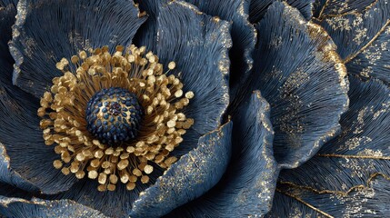 Luxury Dark Blue Flower with Gold Details Macro Illustration