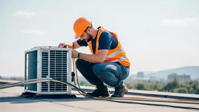 Caucasian repairman installing or adjusting outdoor air conditioning unit during routine HVAC maintenance for industrial building.