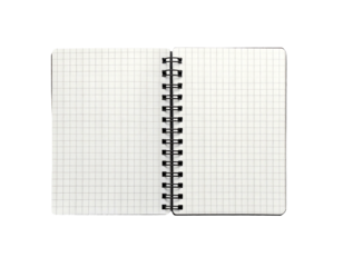 Open blank graph paper notebook with spiral binding, white pages