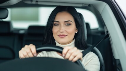 Woman drives a car with focus on city roads during the day with hands on the steering wheel