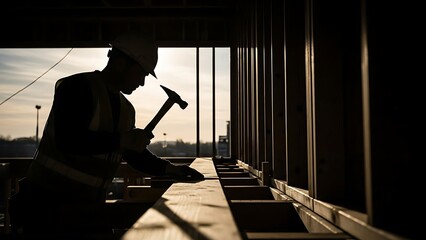 Fototapeta premium Construction worker silhouetted against the sunset hammering wood on a building site.