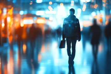 A blurred background of people walking around at an international business conference, Generative AI